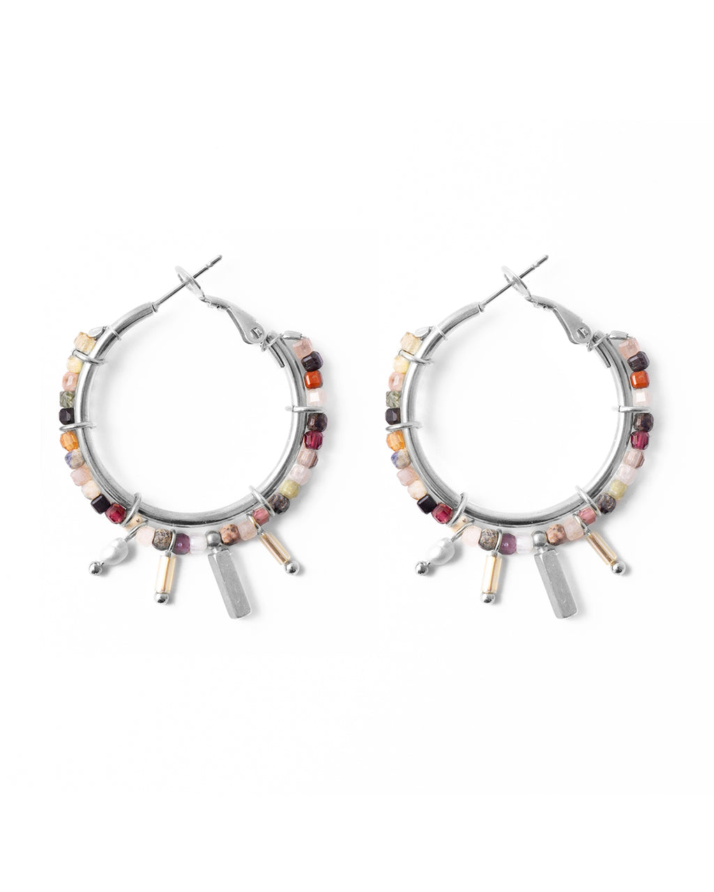Gemma | Silver Pendants And Stones Hoop Earrings