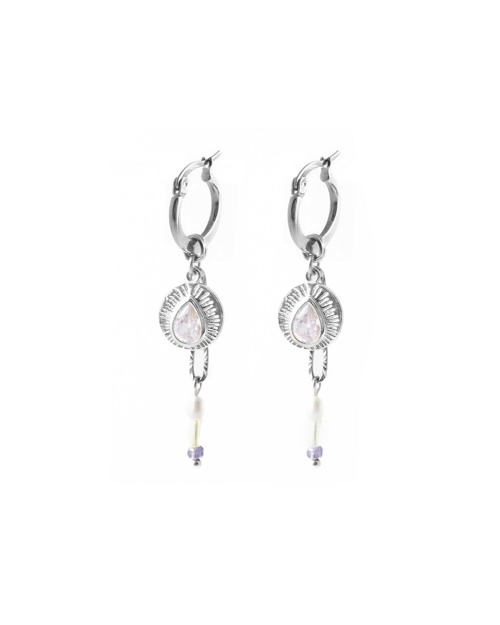 Renaud | Silver Hoops And Crystals Earrings